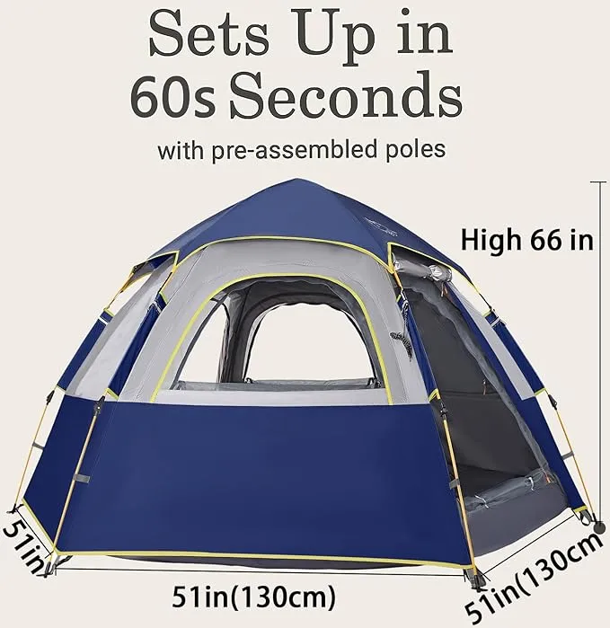 2-3-4 Person Camping Tent 60 Seconds Easy Quick Set Up Tent Waterproof Pop Up Dome Family Hexagon Outdoor Sports Backpacking Tents Double Layer Flysheet Camping Sun Shelters 2 Doors