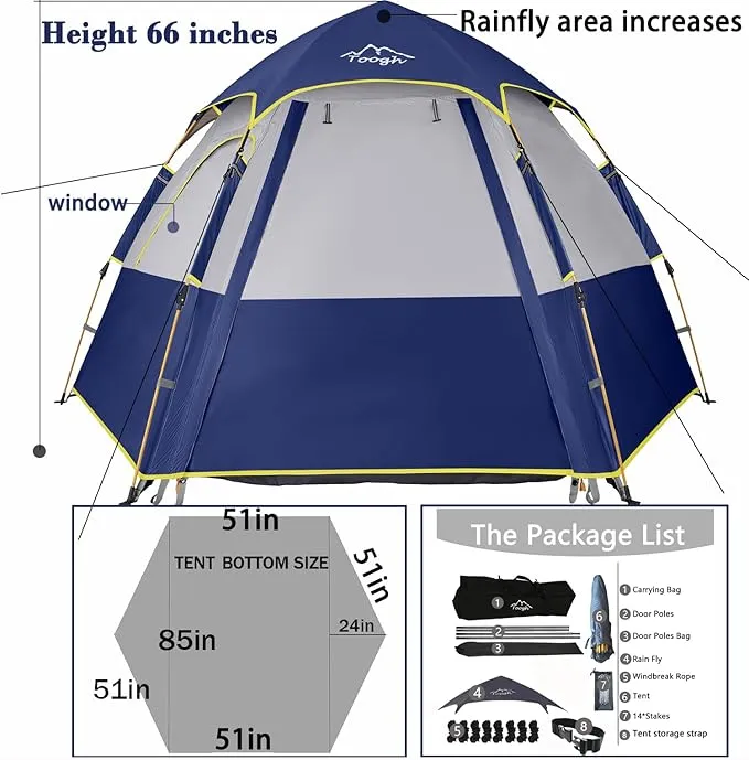 2-3-4 Person Camping Tent 60 Seconds Easy Quick Set Up Tent Waterproof Pop Up Dome Family Hexagon Outdoor Sports Backpacking Tents Double Layer Flysheet Camping Sun Shelters 2 Doors