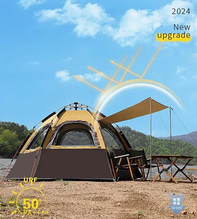 2-3-4 Person Camping Tent 60 Seconds Easy Quick Set Up Tent Waterproof Pop Up Dome Family Hexagon Outdoor Sports Backpacking Tents Double Layer Flysheet Camping Sun Shelters & Height 66 inches