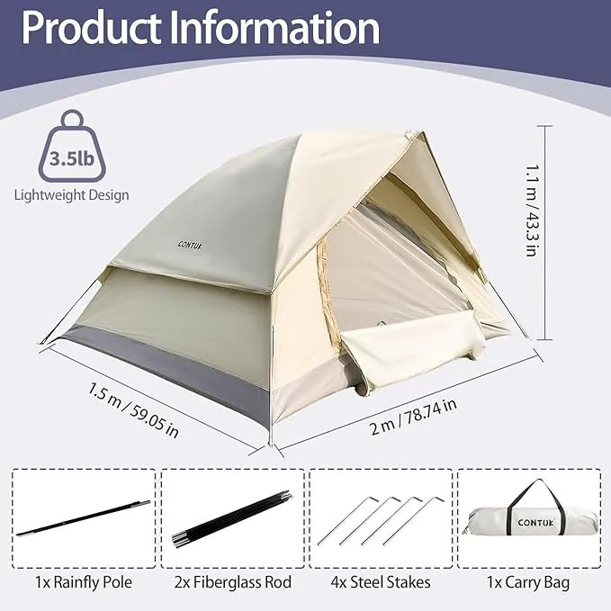 2-3 Person Camping Tent with Removable Rainfly, Double Layer, Easy Setup, Lightweight Dome Tent for Traveling, Hiking, Fishing, Picnic and Backyard Camping, Beige