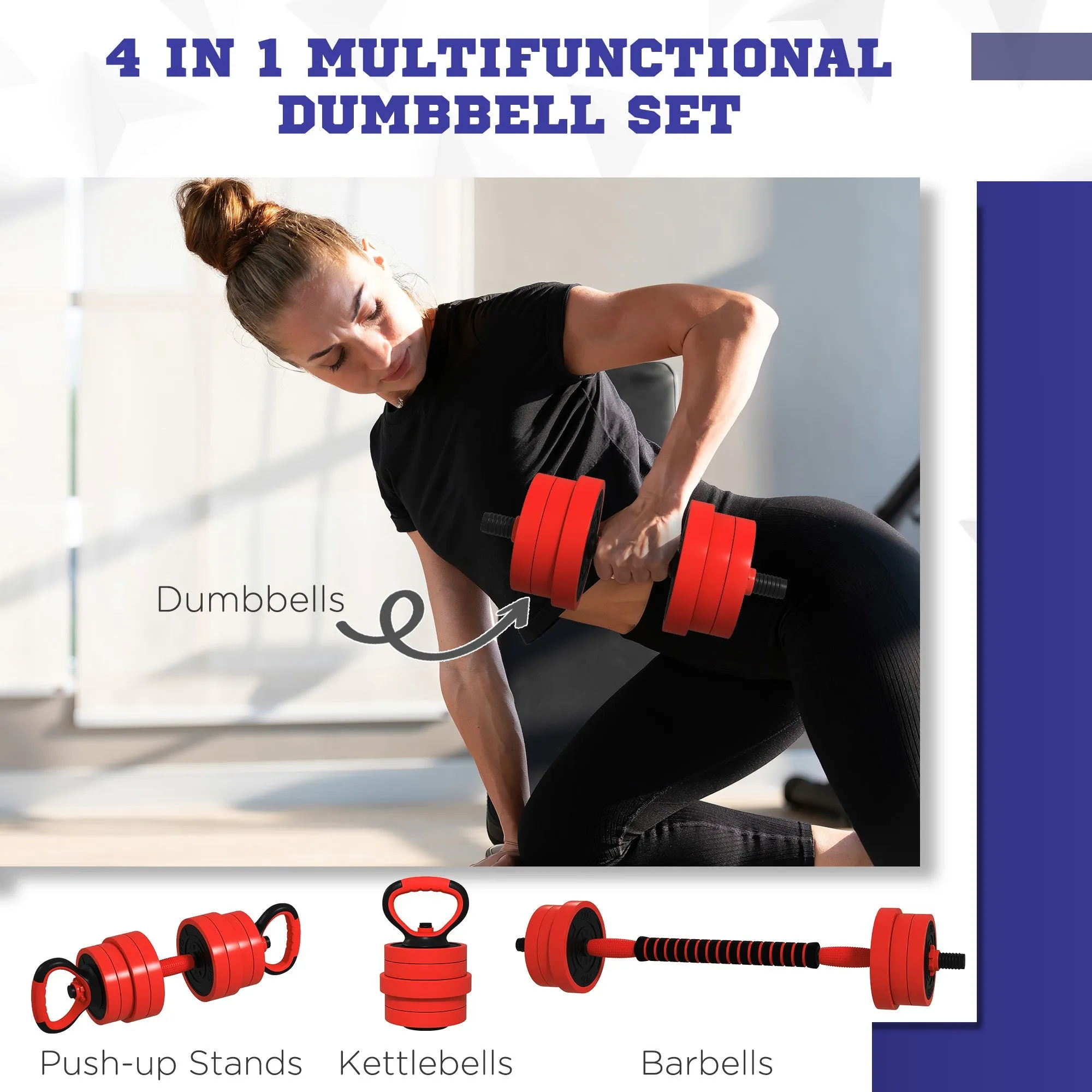 20kg Four-In-One Adjustable Weight Dumbbells Set Barbell Kettlebell Push Up Stand - Red