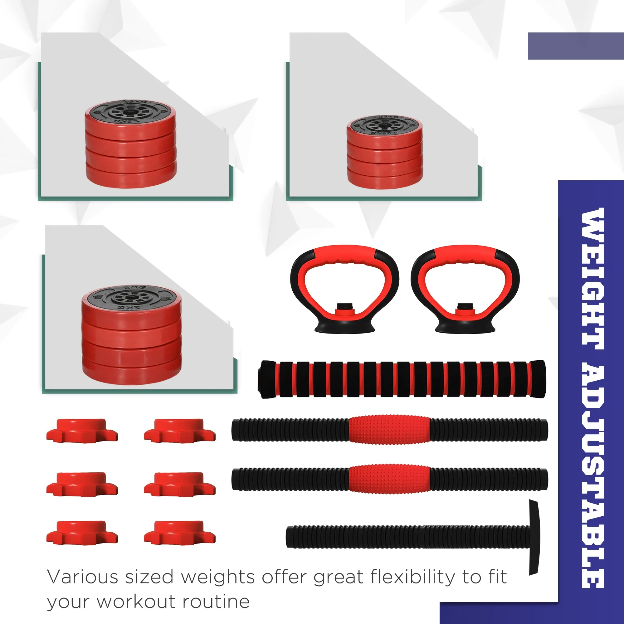 20kg Four-In-One Adjustable Weight Dumbbells Set Barbell Kettlebell Push Up Stand - Red