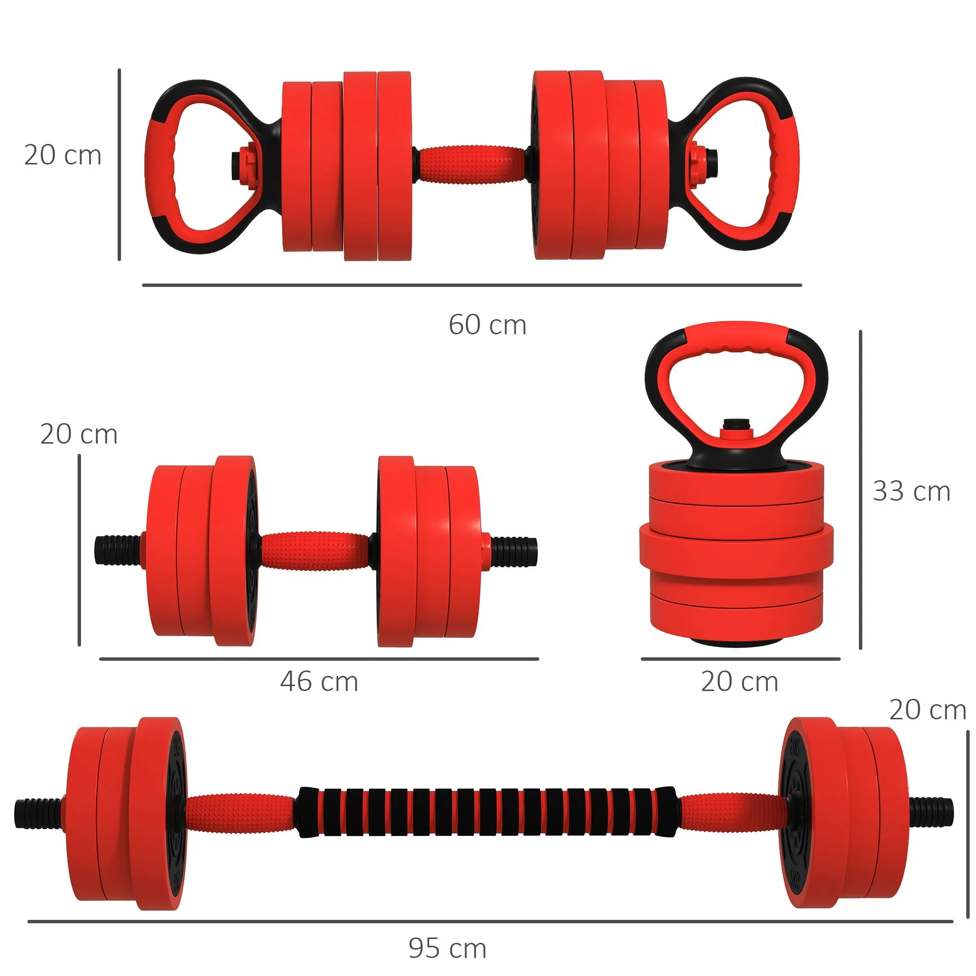 20kg Four-In-One Adjustable Weight Dumbbells Set Barbell Kettlebell Push Up Stand - Red