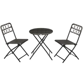 3-Piece Rattan Wicker Bistro Set with Easy Folding Hand Woven Rattan Coffee Table and Chairs for Outdoor Lawn Pool Balcony & Garden Grey
