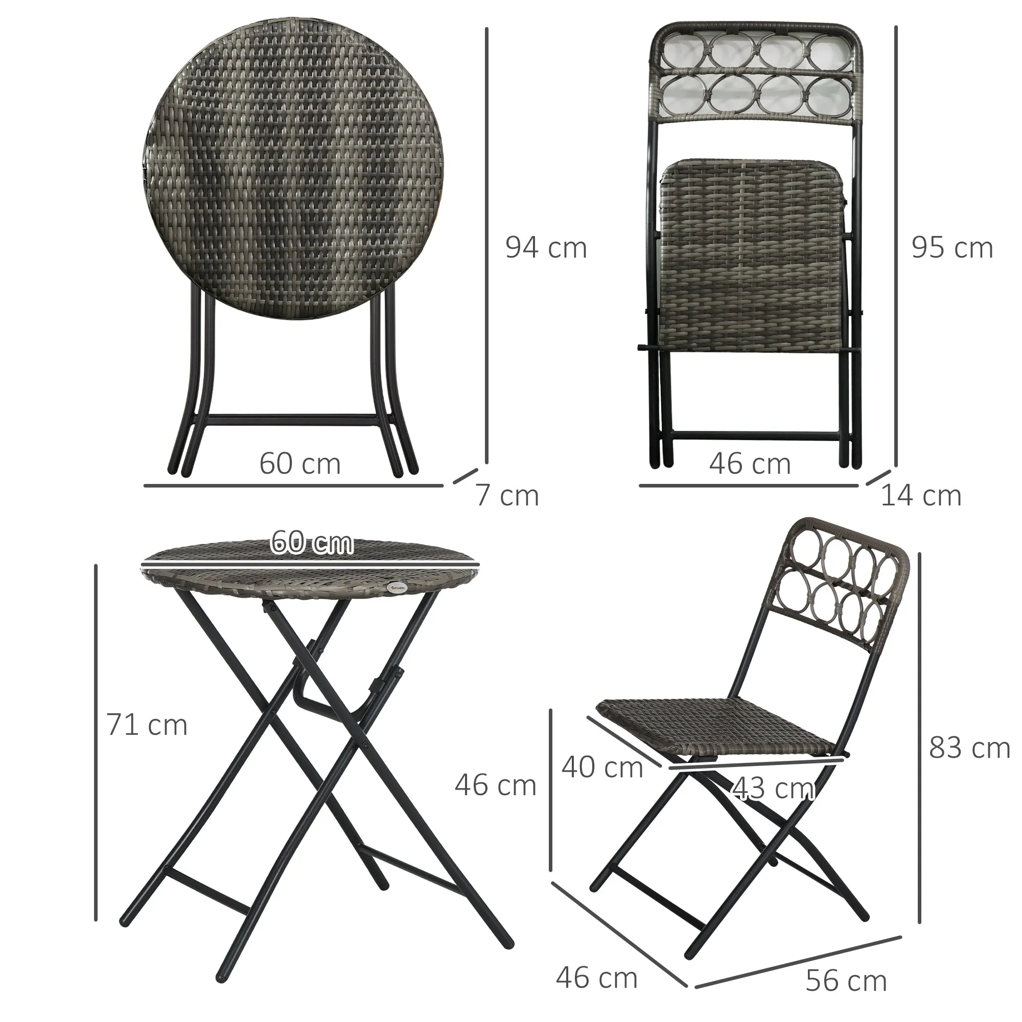 3-Piece Rattan Wicker Bistro Set with Easy Folding Hand Woven Rattan Coffee Table and Chairs for Outdoor Lawn Pool Balcony & Garden Grey