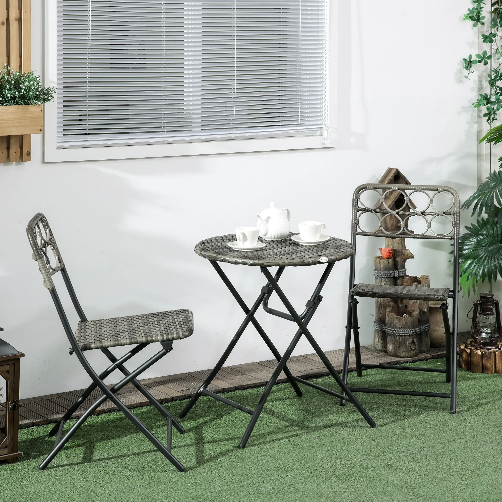 3-Piece Rattan Wicker Bistro Set with Easy Folding Hand Woven Rattan Coffee Table and Chairs for Outdoor Lawn Pool Balcony & Garden Grey