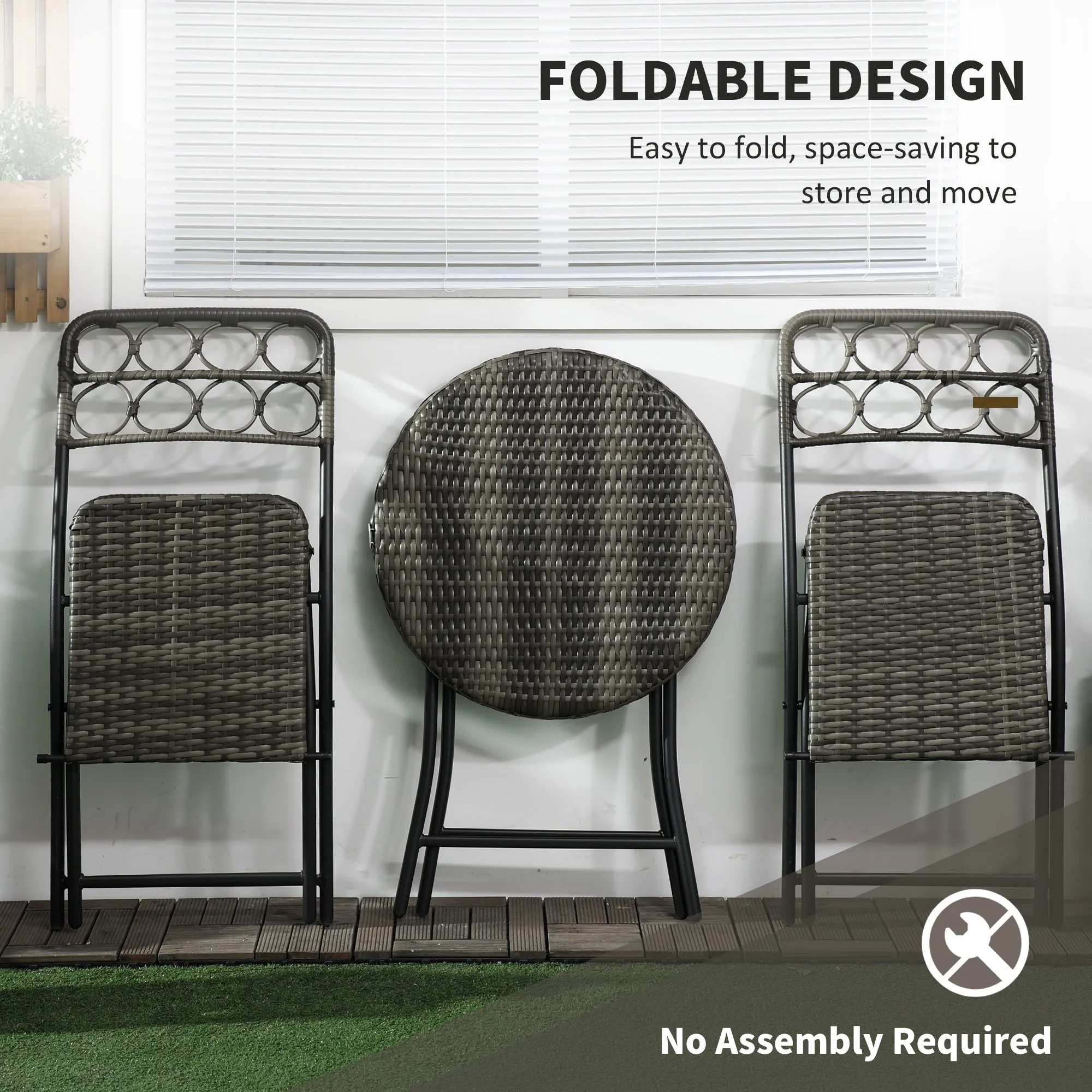 3-Piece Rattan Wicker Bistro Set with Easy Folding Hand Woven Rattan Coffee Table and Chairs for Outdoor Lawn Pool Balcony & Garden Grey