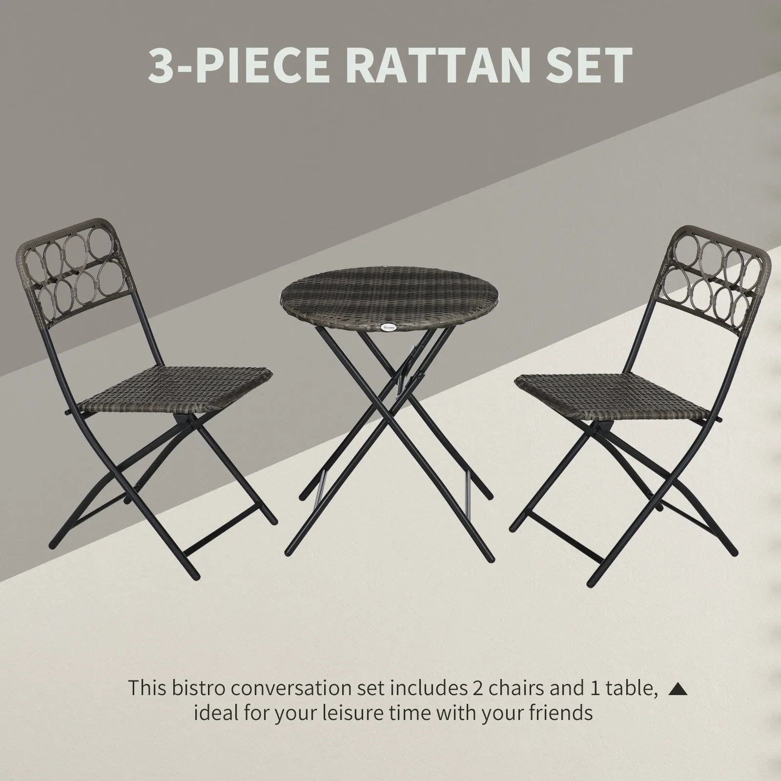 3-Piece Rattan Wicker Bistro Set with Easy Folding Hand Woven Rattan Coffee Table and Chairs for Outdoor Lawn Pool Balcony & Garden Grey