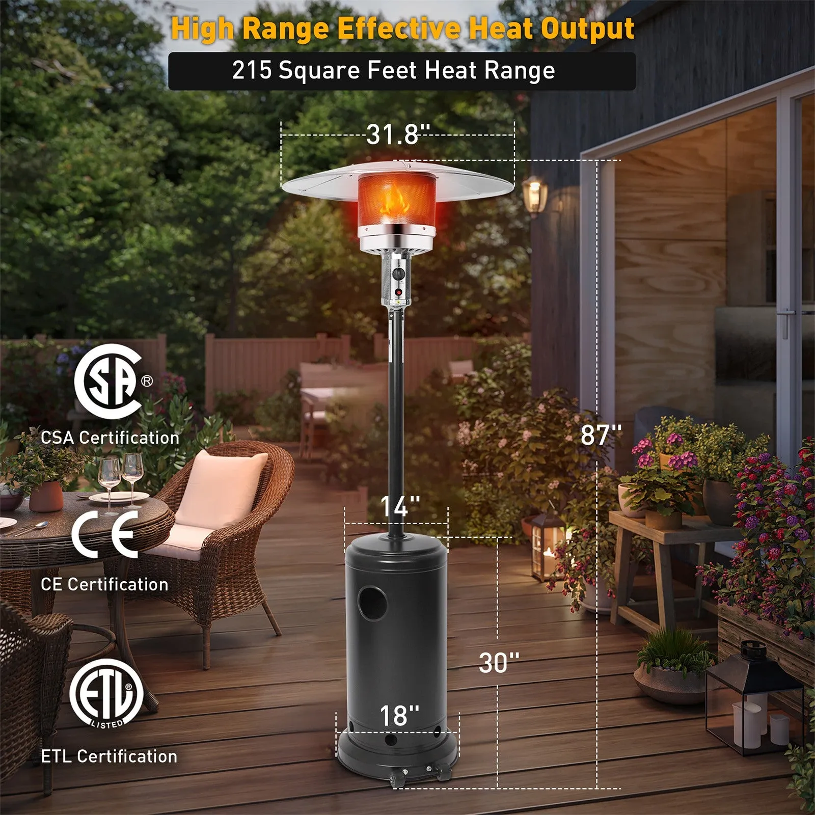 36,000 BTU Outdoor Propane Patio Heater with Stainless Steel Burner and Wheels, Black