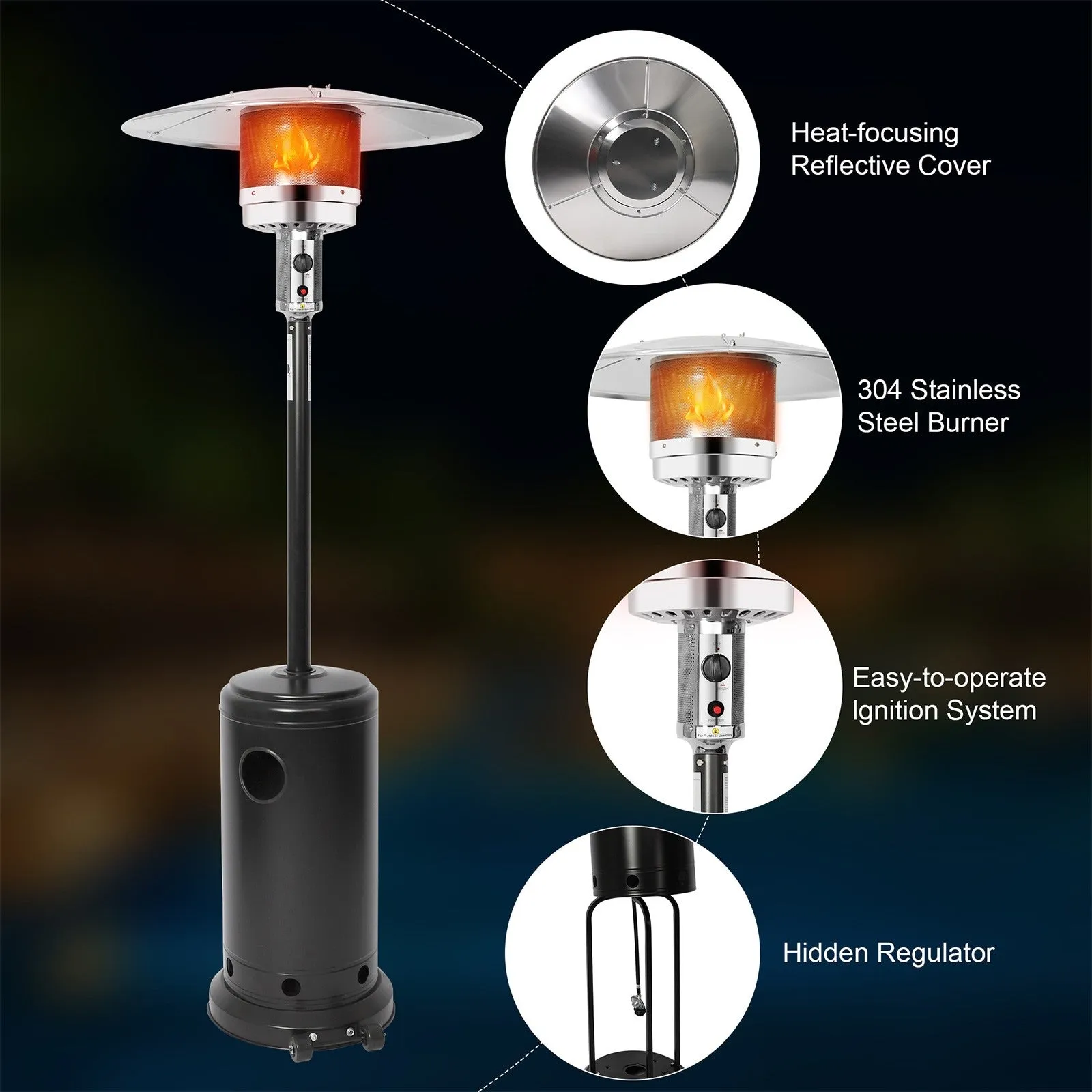 36,000 BTU Outdoor Propane Patio Heater with Stainless Steel Burner and Wheels, Black