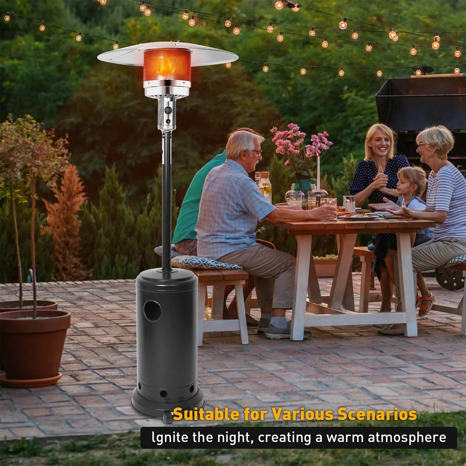 36,000 BTU Outdoor Propane Patio Heater with Stainless Steel Burner and Wheels, Black