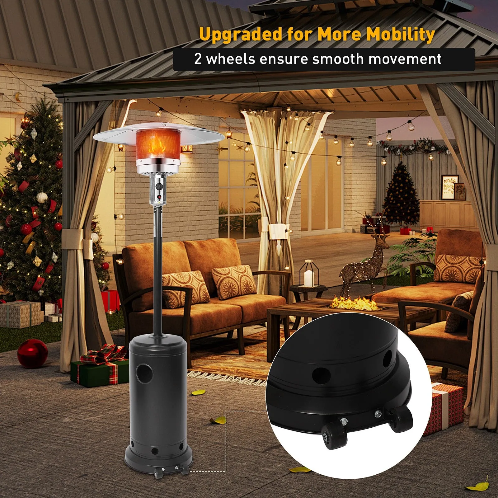 36,000 BTU Outdoor Propane Patio Heater with Stainless Steel Burner and Wheels, Black