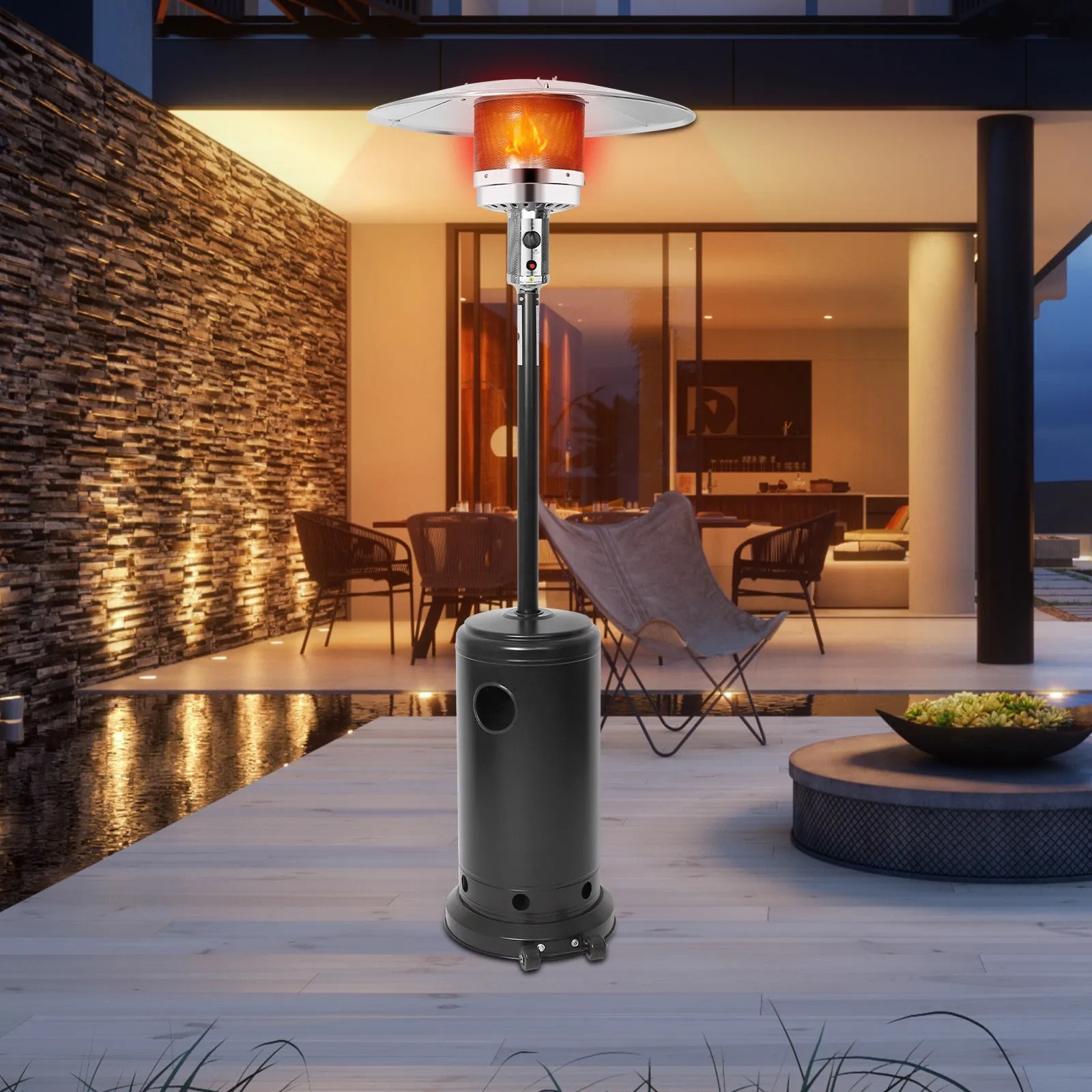 36,000 BTU Outdoor Propane Patio Heater with Stainless Steel Burner and Wheels, Black