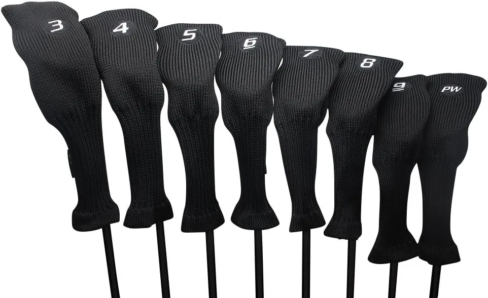 All Hybrid Head Cover Golf Club Black Sleek Tight Fit Headcover Set 3-PW Acrylic Head Covers 3 4 5 6 7 8 9 PW Easy to See Large White Embroidered Numbers