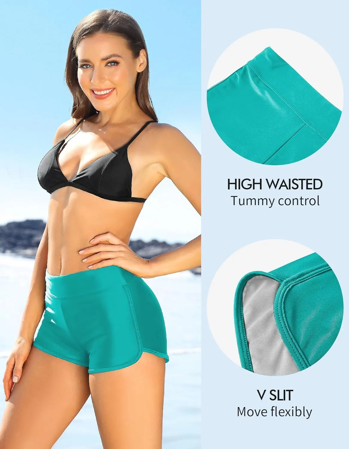 ALove Swim Shorts Womens Stretchy Sporty Bathing Suit Bottoms Side V Slit Boyshorts Swimsuit Board Shorts