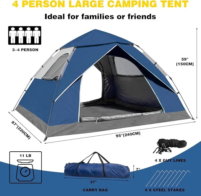 anngrowy Camping Tent 2/4 Person Instant Family Tent Pop Up Tents for Camping Waterproof Portable Hiking Camp Lightweight Tent for Backpacking Small Tent 4 Season Windproof Quick Compact Dome Tent