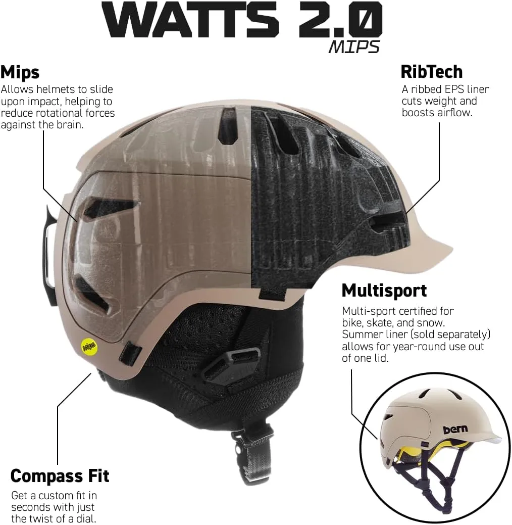 Bern Watts 2.0 Adult Snowsports Ski and Snowboard Helmet for Men and Women, Brim Style, Multisport Certified, MIPS Rotational Impact Protection, Adjustable Fit, Knit Liner, Anti-Fog Ventilation