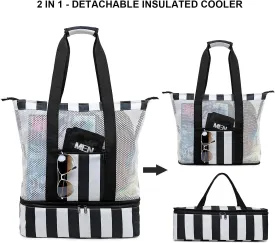 Bluboon Mesh Beach Tote Bag with Cooler Compartment Insulated Detachable Picnic Bag with Zipper and Pocket Pool Bag for Women