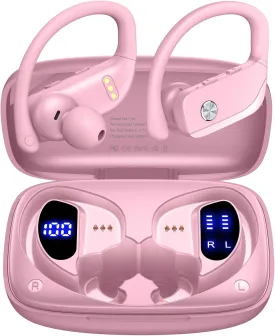 bmanl Wireless Earbuds Bluetooth Headphones 48hrs Play Back Sport Earphones with LED Display Over-Ear Buds with Earhooks Built-in Mic Headset for Workout Pink