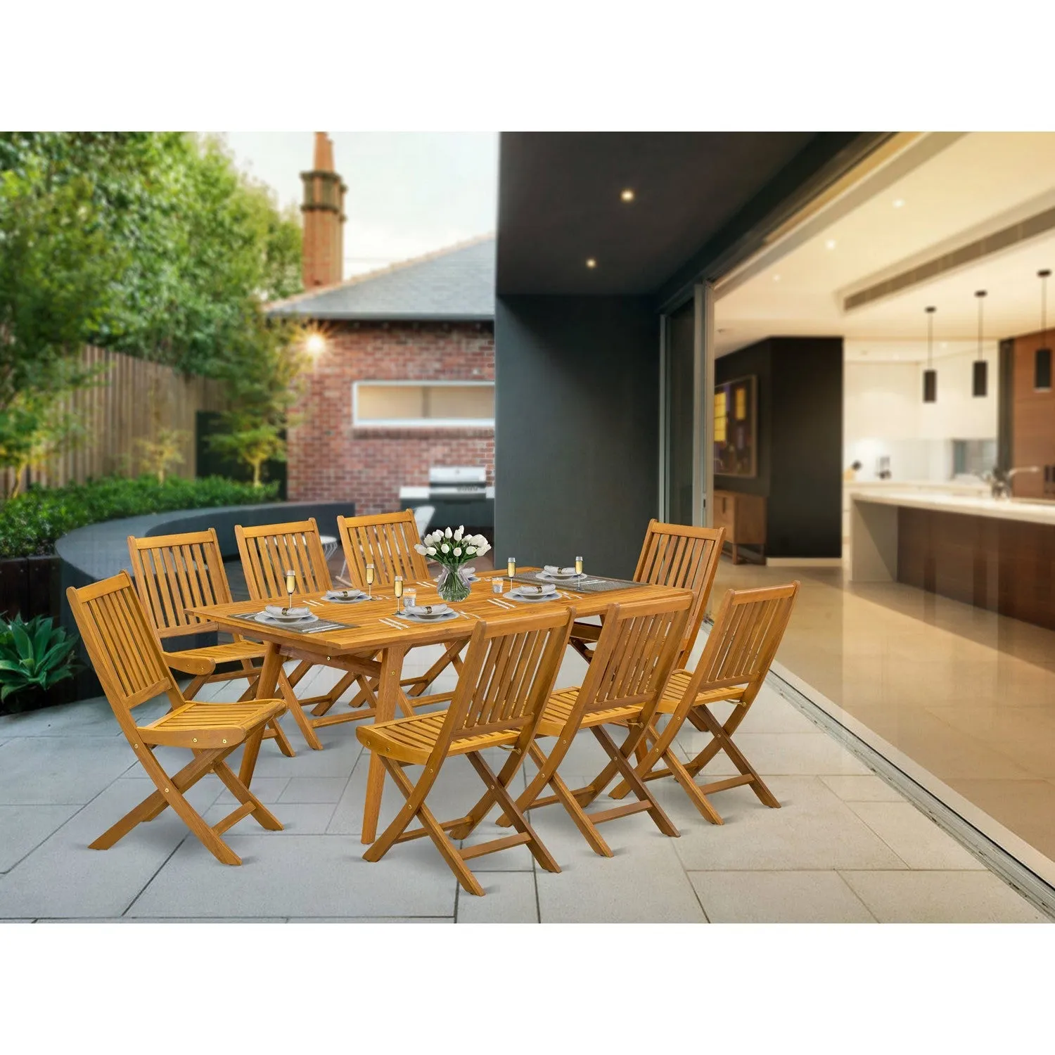 East West Furniture DEDK9CWNA 9 Piece Outdoor Patio Dining Sets Includes a Rectangle Acacia Wood Table and 8 Folding Side Chairs, 40x72 Inch, Natural Oil