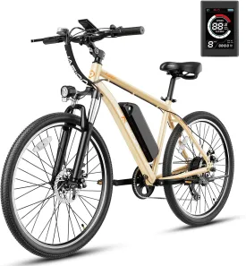 Jasion EB5 Electric Bike for Adults with Peak 500W Brushless Motor, 40Miles 20MPH Commuting Electric Mountain Bike with 360Wh Removable Battery, 7-Speed, 26" Tires and Front Fork Suspension