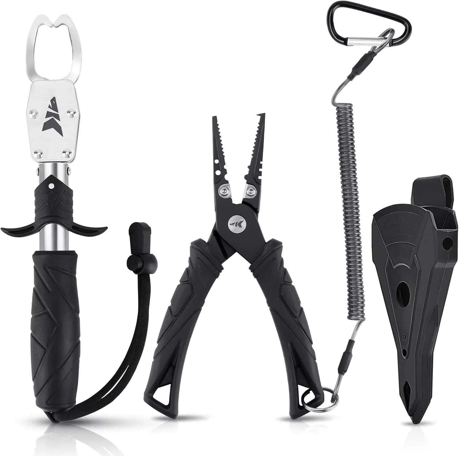 KastKing Fishing Pliers, Fish Lip Gripper or Fish Scale Combo Saltwater Resistant Fishing Tools, Fishing Gear with Rubber Handle, Lanyard, Line Cutter Hook Remover with Sheath, Ice Fishing Gift Men