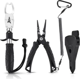 KastKing Fishing Pliers, Fish Lip Gripper or Fish Scale Combo Saltwater Resistant Fishing Tools, Fishing Gear with Rubber Handle, Lanyard, Line Cutter Hook Remover with Sheath, Ice Fishing Gift Men