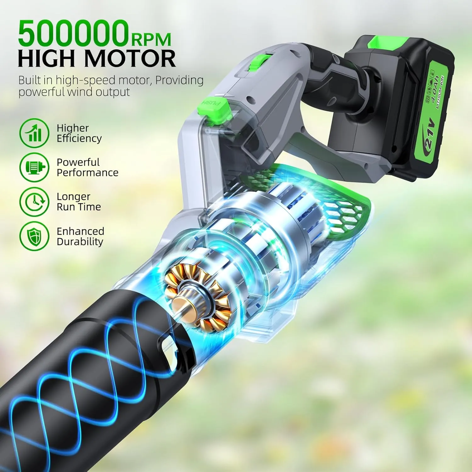 Leaf Blower - 500000RPM Cordless Electric Blower - 2 X 4.0Ah Batteries and Charger - 5 Speed Mode - 21V Lightweight Leaf Blower Cordless for Patio Cleaning, Lawn Care (Gray)