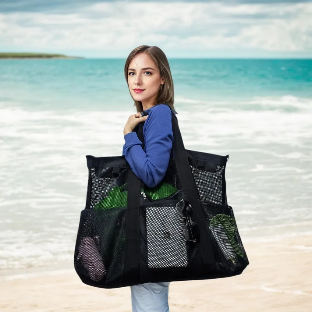 Mesh Beach Bag, Large Beach Tote with Zipper Pocket for Family Pool Bag for Toys & Vacation Essentials
