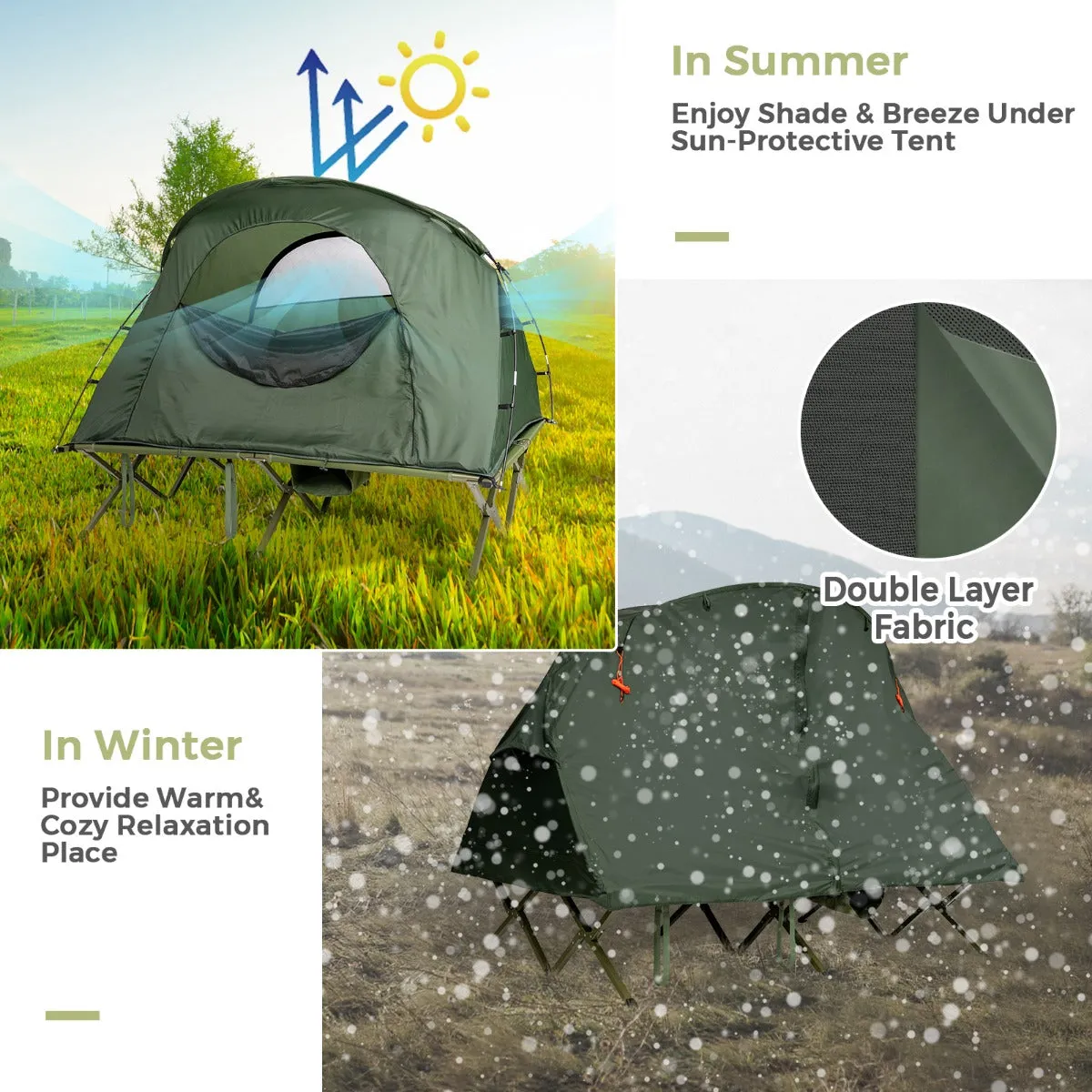 NNECW 2-Person Camping Cot Tent with Waterproof External Cover-Green