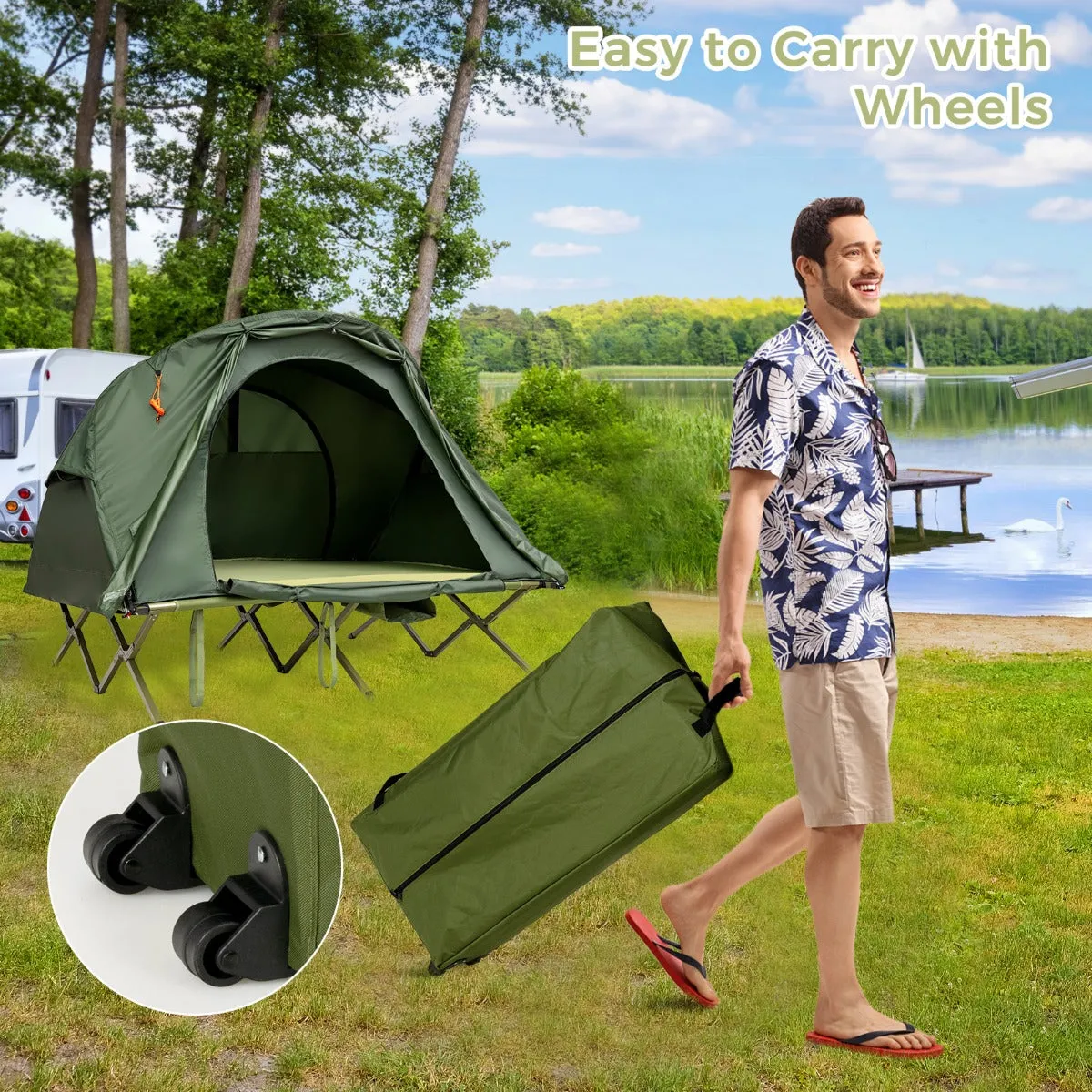 NNECW 2-Person Camping Cot Tent with Waterproof External Cover-Green