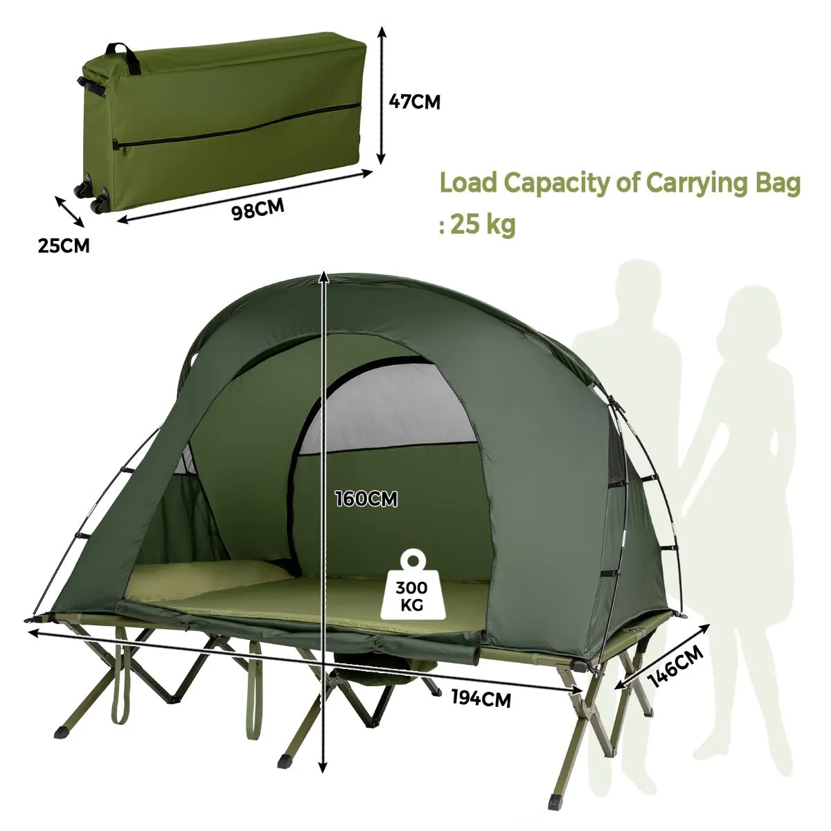 NNECW 2-Person Camping Cot Tent with Waterproof External Cover-Green