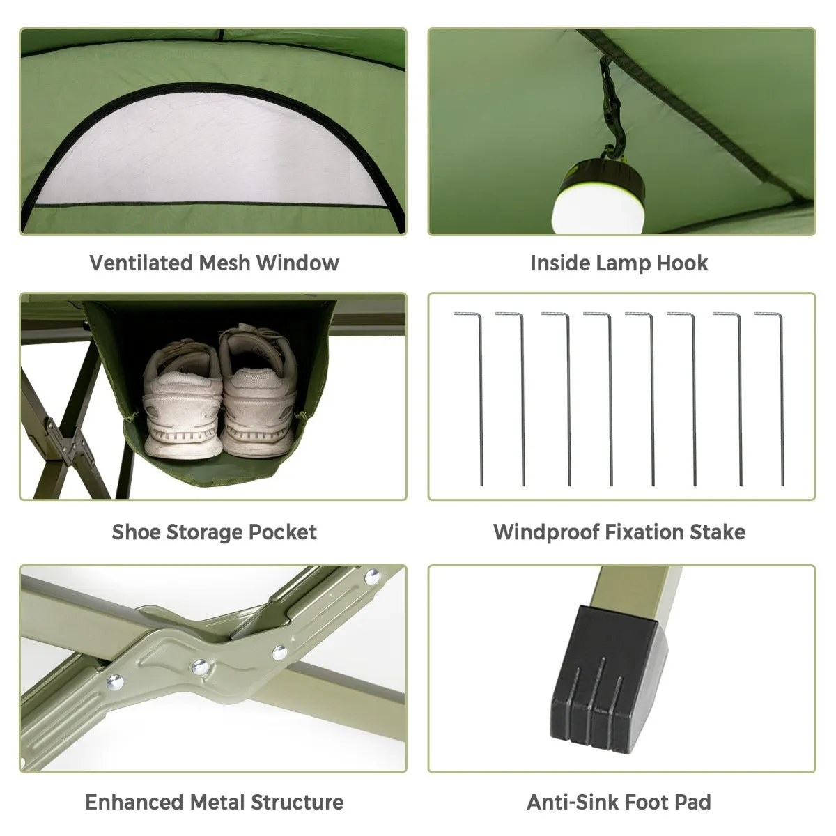 NNECW 2-Person Camping Cot Tent with Waterproof External Cover-Green