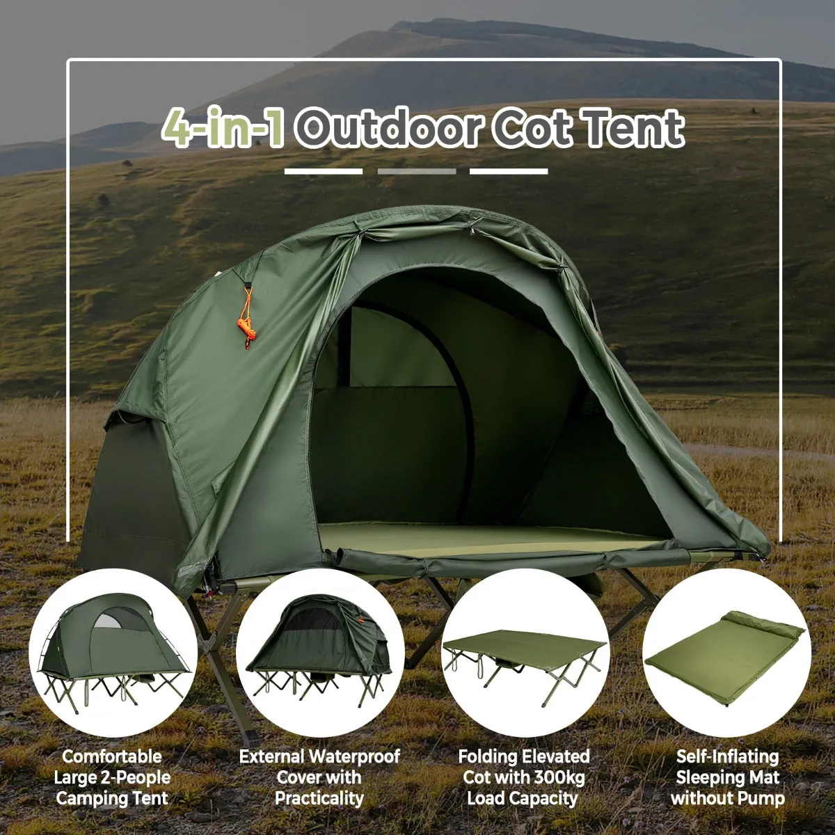 NNECW 2-Person Camping Cot Tent with Waterproof External Cover-Green