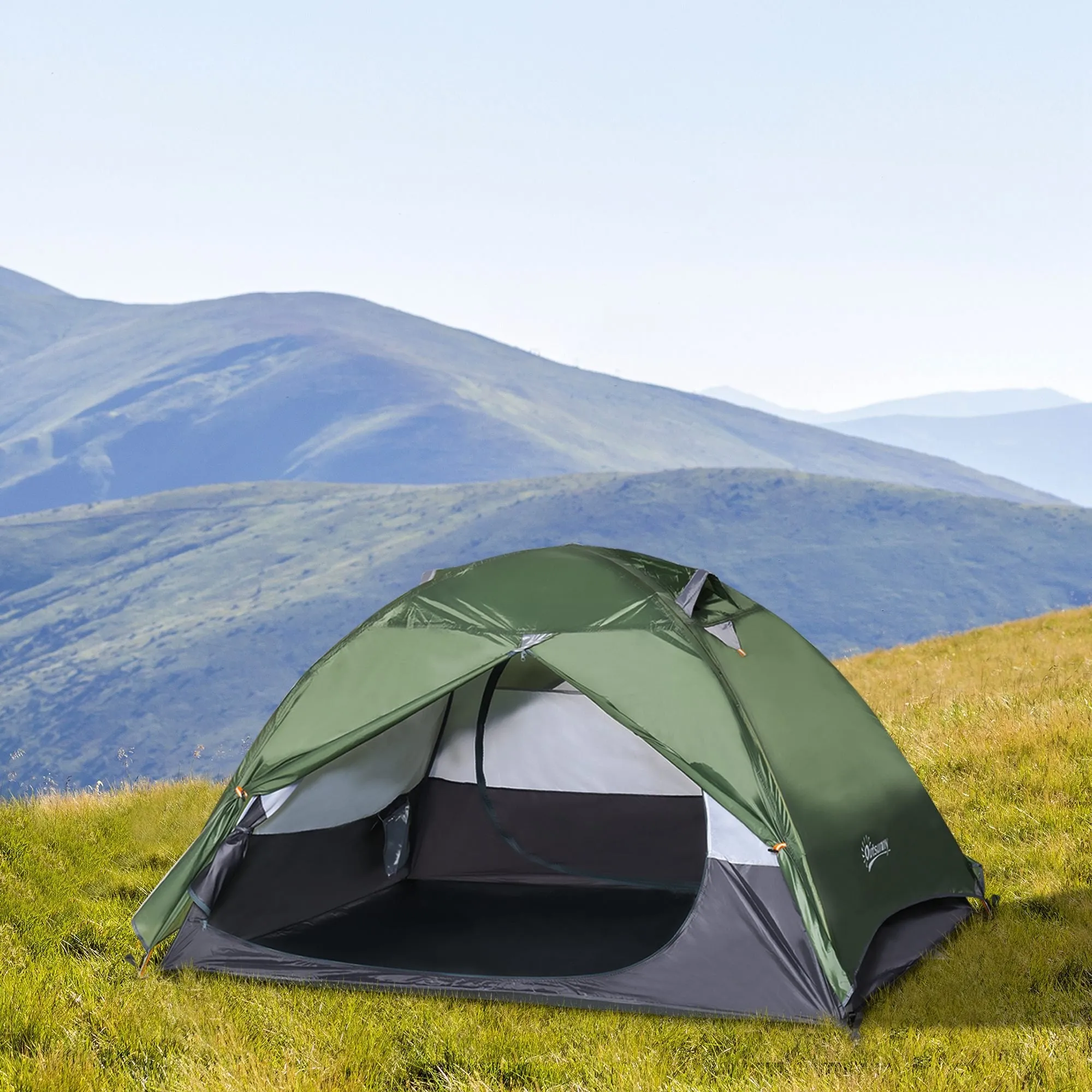 Outsunny Camping Tent for 2 Person Waterproof Double Layer Tent with 2 Doors 4 Mesh Windows Storage Bag Portable Carry Bag Dark Green Outdoor Glass Fiber