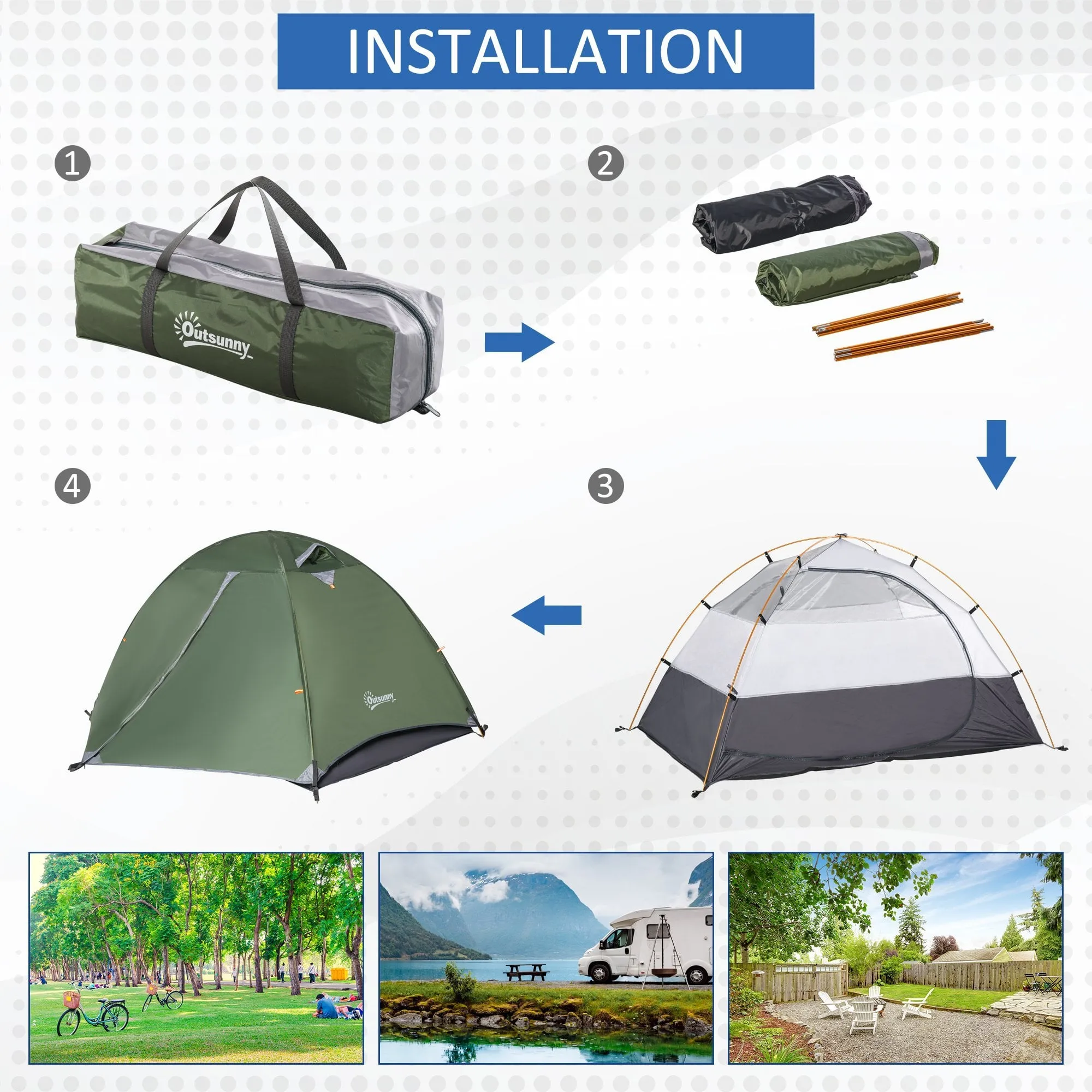 Outsunny Camping Tent for 2 Person Waterproof Double Layer Tent with 2 Doors 4 Mesh Windows Storage Bag Portable Carry Bag Dark Green Outdoor Glass Fiber