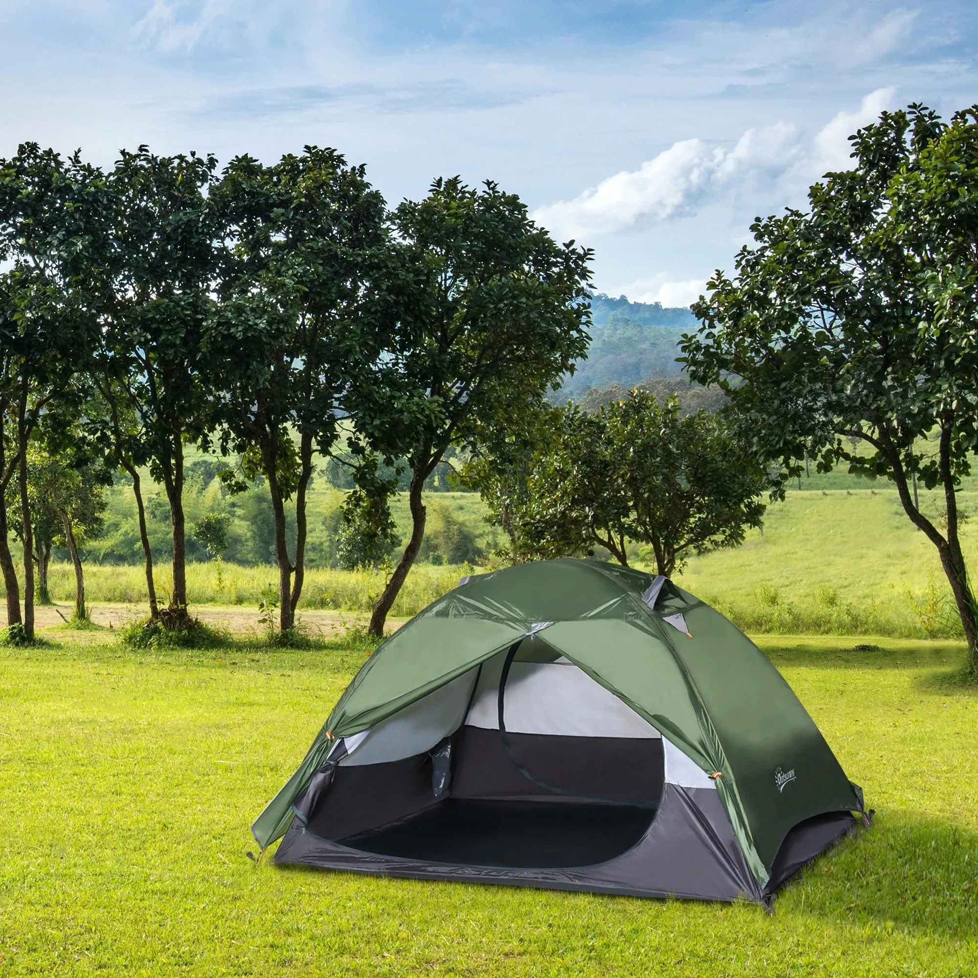 Outsunny Camping Tent for 2 Person Waterproof Double Layer Tent with 2 Doors 4 Mesh Windows Storage Bag Portable Carry Bag Dark Green Outdoor Glass Fiber