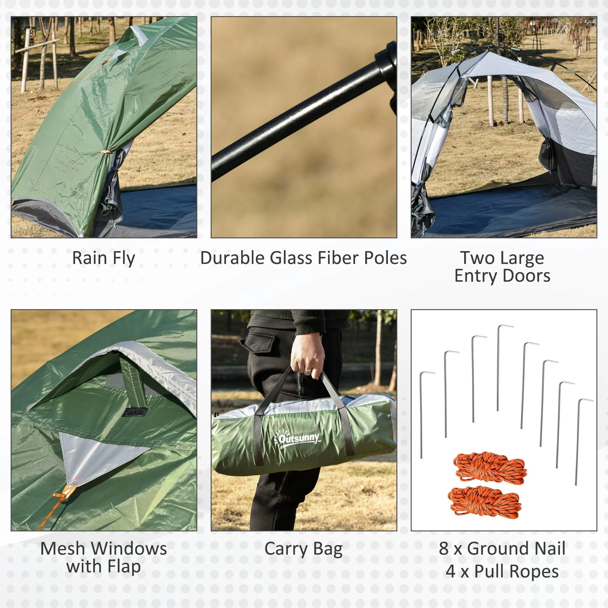 Outsunny Camping Tent for 2 Person Waterproof Double Layer Tent with 2 Doors 4 Mesh Windows Storage Bag Portable Carry Bag Dark Green Outdoor Glass Fiber
