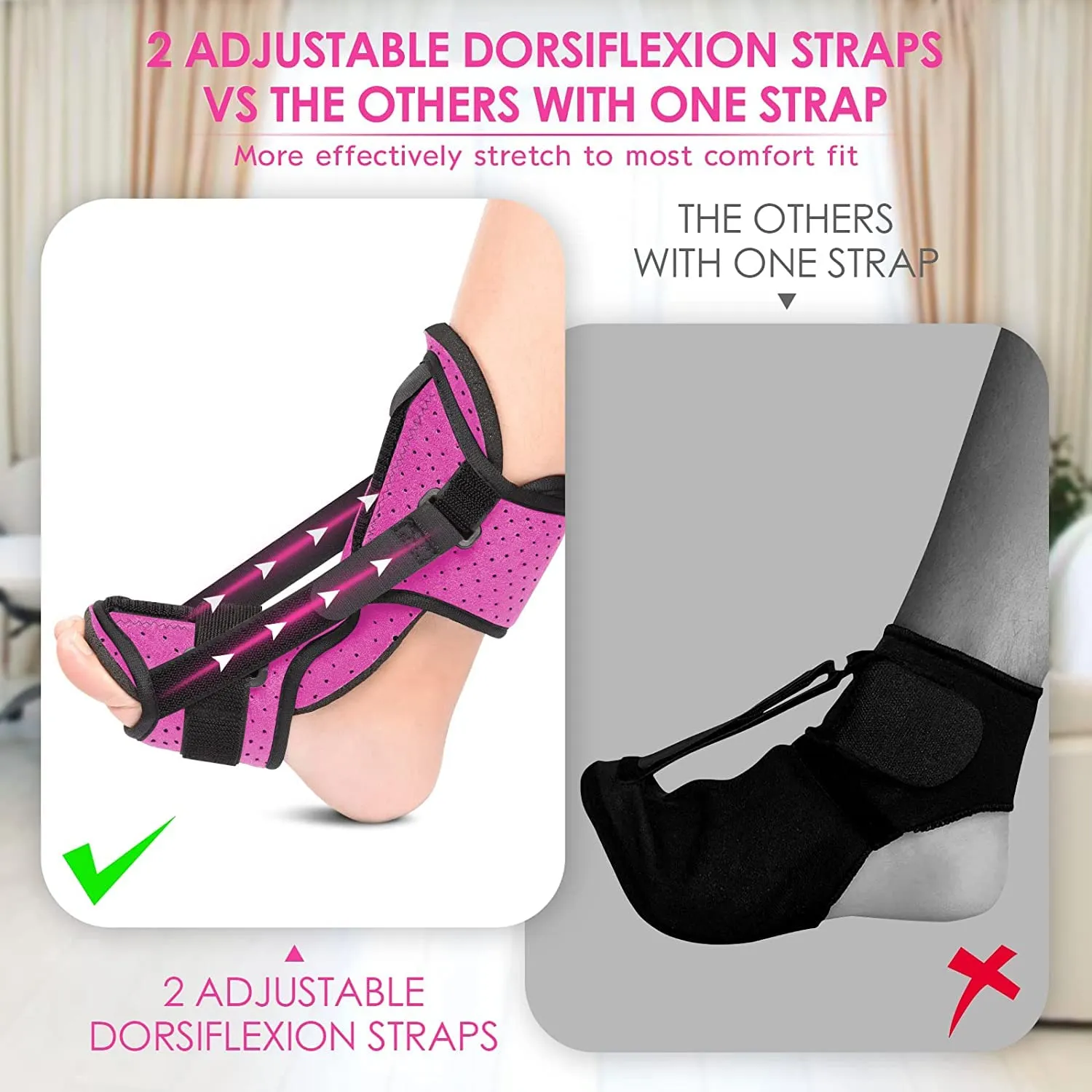 Plantar Fasciitis Night Splint: 2 Packs Upgraded Brace with Soft Memory Foam Pad | Ankle Brace for Plantar Fasciitis Relief Achilles Tendonitis Relief Foot Drop Heel Arch Pain Support for Women Pink