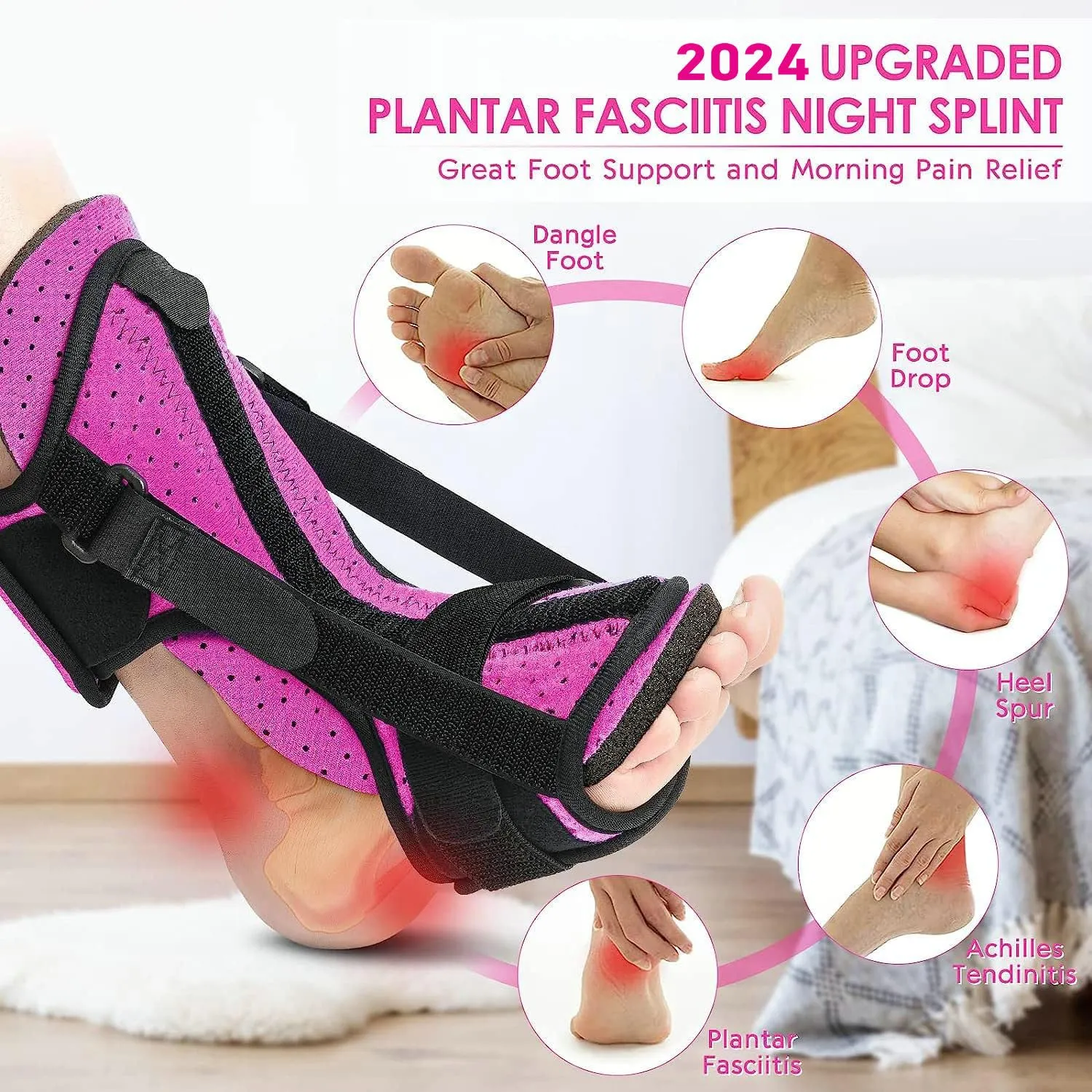 Plantar Fasciitis Night Splint: 2 Packs Upgraded Brace with Soft Memory Foam Pad | Ankle Brace for Plantar Fasciitis Relief Achilles Tendonitis Relief Foot Drop Heel Arch Pain Support for Women Pink