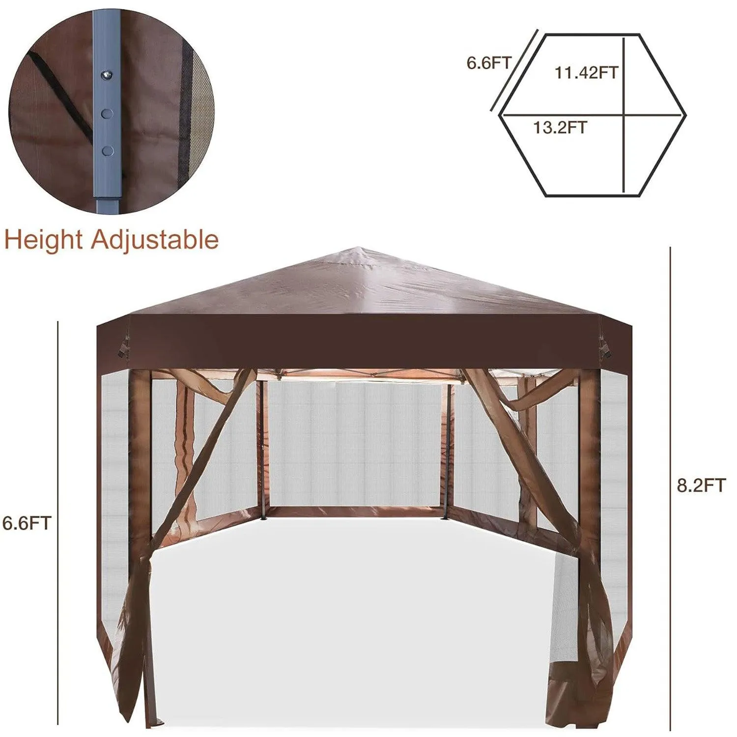 Pop up Gazebo Canopy Tent with Mosquito Netting, Patio Hexagon Outdoor Sun Shade, Brown