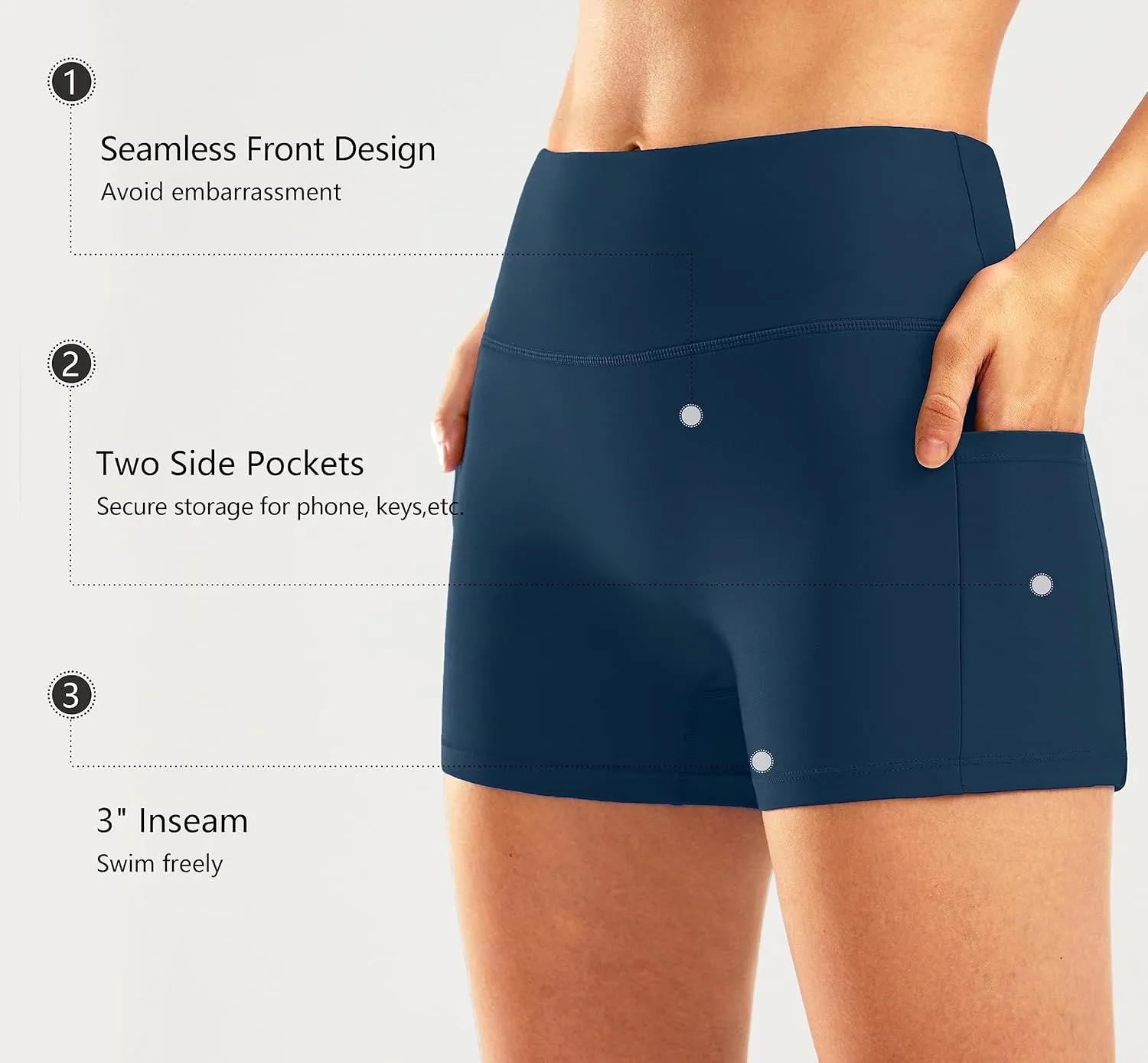 Pudolla Womens Swim Shorts High Waisted Bathing Bottom Shorts Tummy Control Board Swimsuit with Pockets