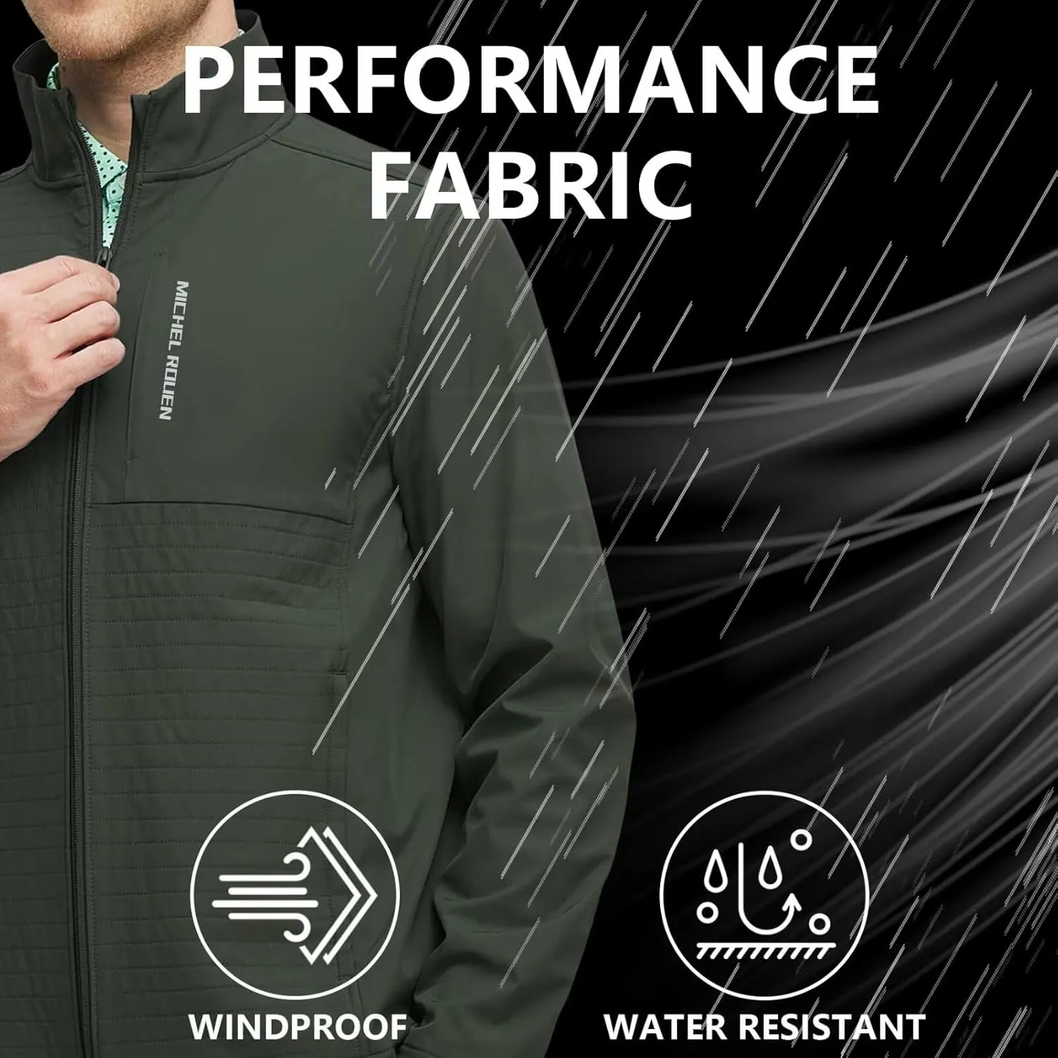 Rouen Mens Golf Raincoat Jacket Zipper Pockets Lightweight Softshell Hooded Water-resistant Spring Fall Outdoor Windbreaker