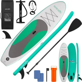 SereneLife Inflatable 10 Stand Up Paddle Board with 32 Wide Platform  Non-Slip EVA Deck, Drop-Stitch Construction, 3-Piece Aluminum Paddle, Safety Leash, Removable Fin & Backpack  275 lbs Capacity