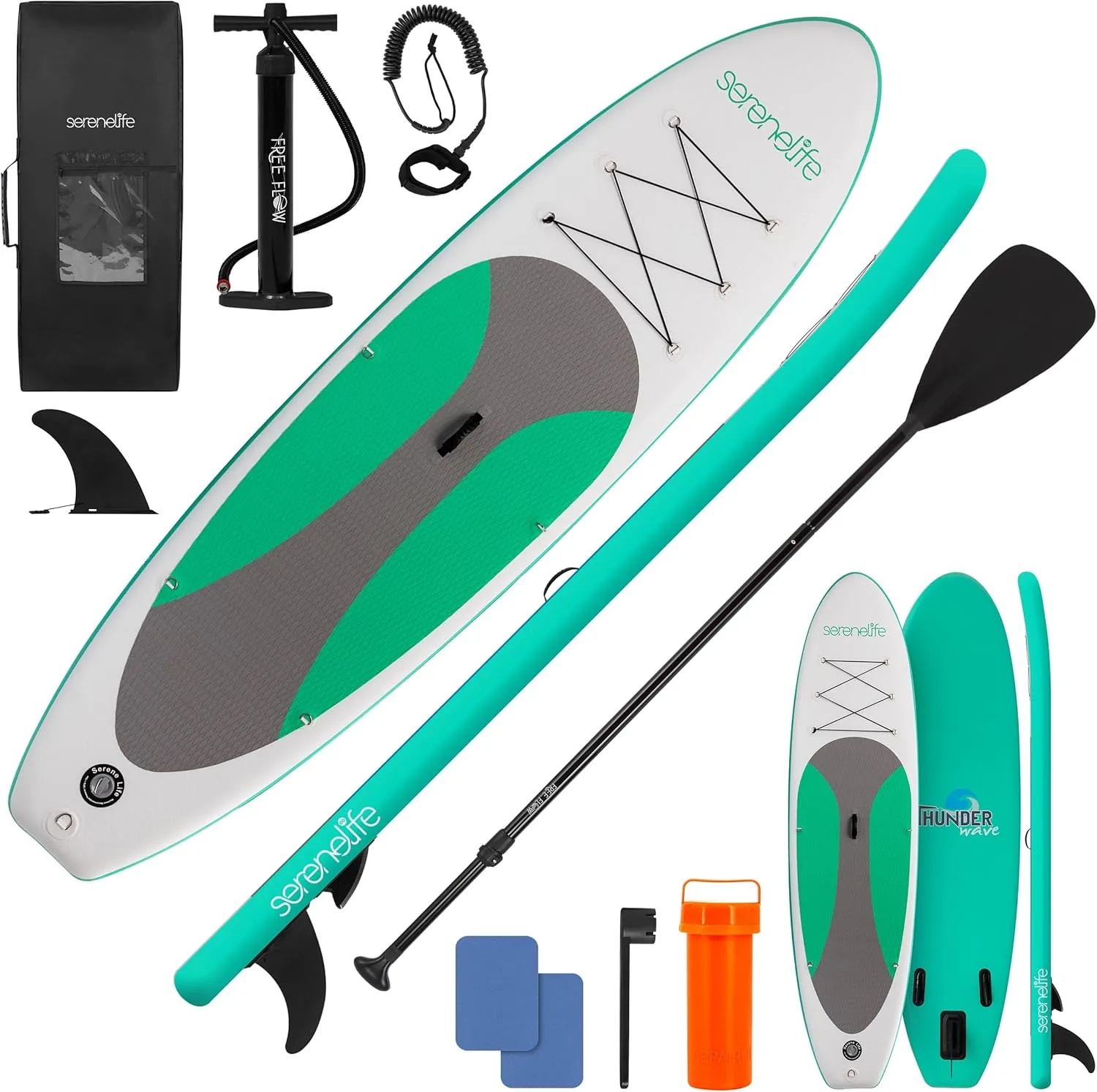 SereneLife Inflatable 10 Stand Up Paddle Board with 32 Wide Platform  Non-Slip EVA Deck, Drop-Stitch Construction, 3-Piece Aluminum Paddle, Safety Leash, Removable Fin & Backpack  275 lbs Capacity