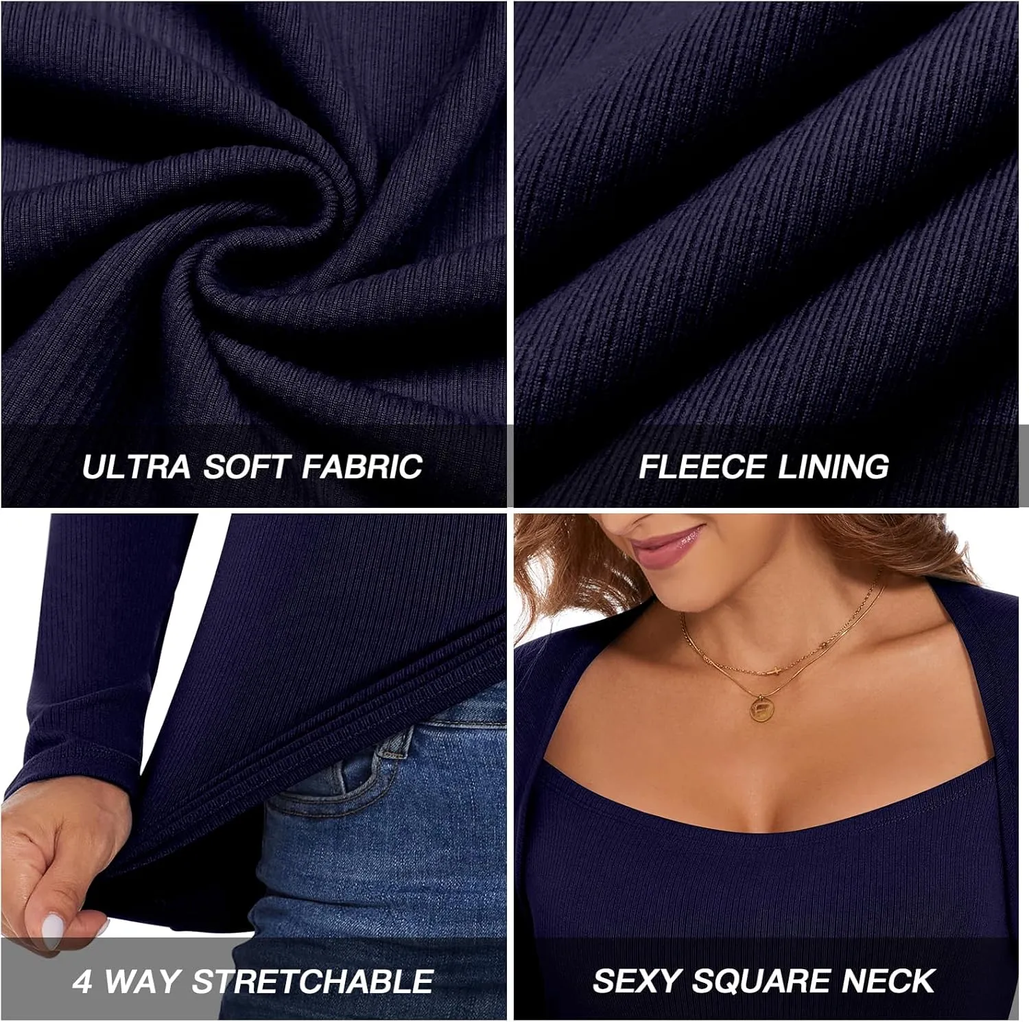 Soneven Square Neck Thermal Shirts for Women Base Layer Ultra Soft Fleece Lined Underwear for Winter
