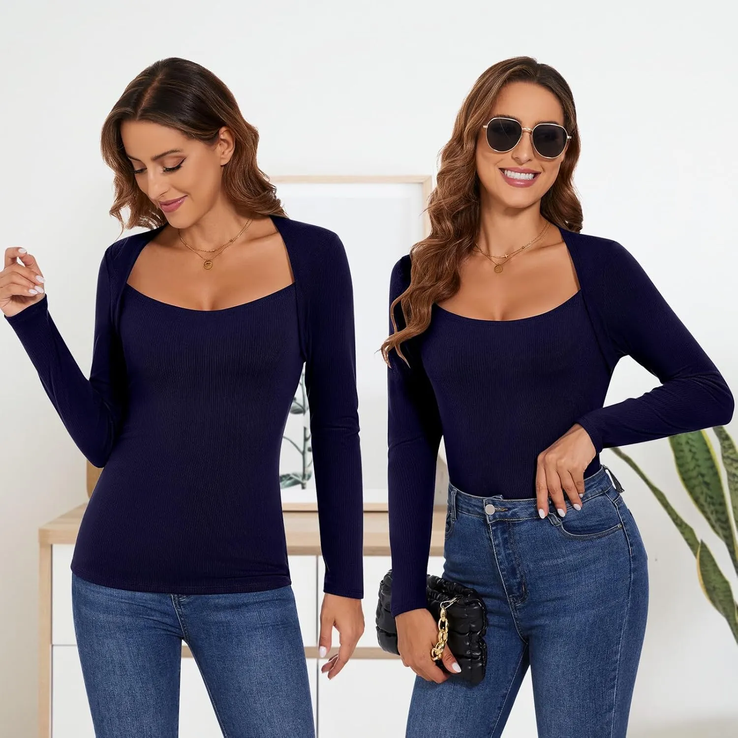 Soneven Square Neck Thermal Shirts for Women Base Layer Ultra Soft Fleece Lined Underwear for Winter