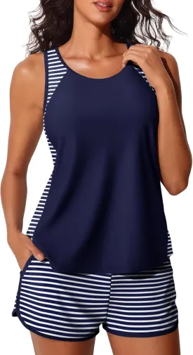 Summer Mae Blouson Tankini Swimsuits for Women 2025 Tummy Control Two Piece Bathing Suits with Sporty Pockets Swim Shorts