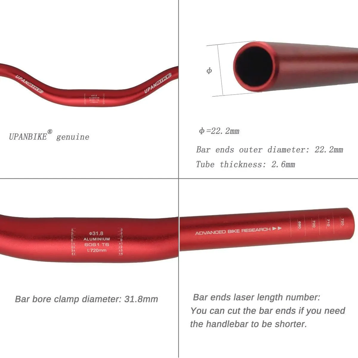UPANBIKE Mountain Bike Handlebar 31.8mm Aluminum Alloy MTB Bicycle Riser Handlebar Extra Long 720mm with Paint Matte Surface (Red,720mm)
