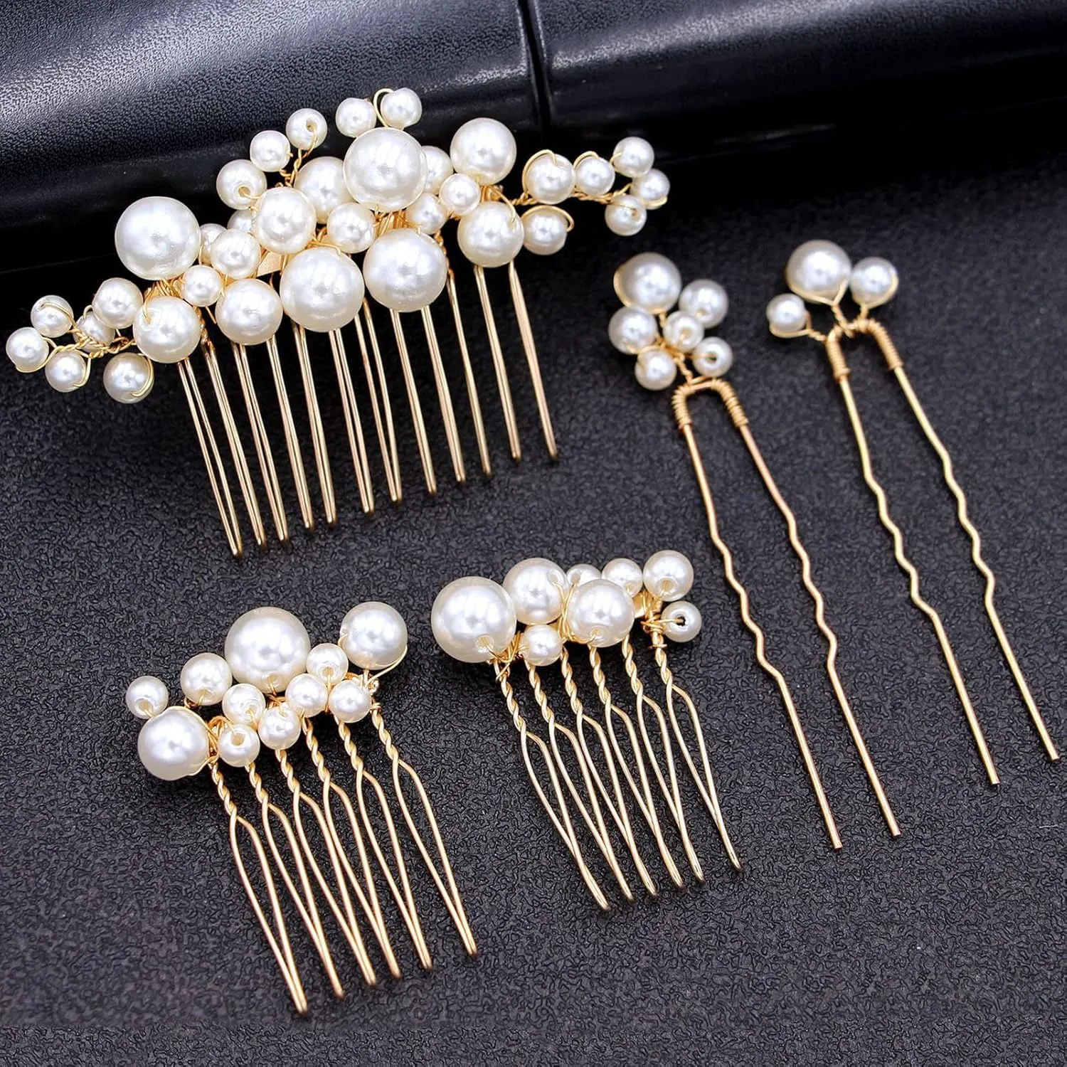 Wedding Pearl Hair Combs Set of 5 PCS - Elegant Hair Accessories for Bridal Women (Gold)